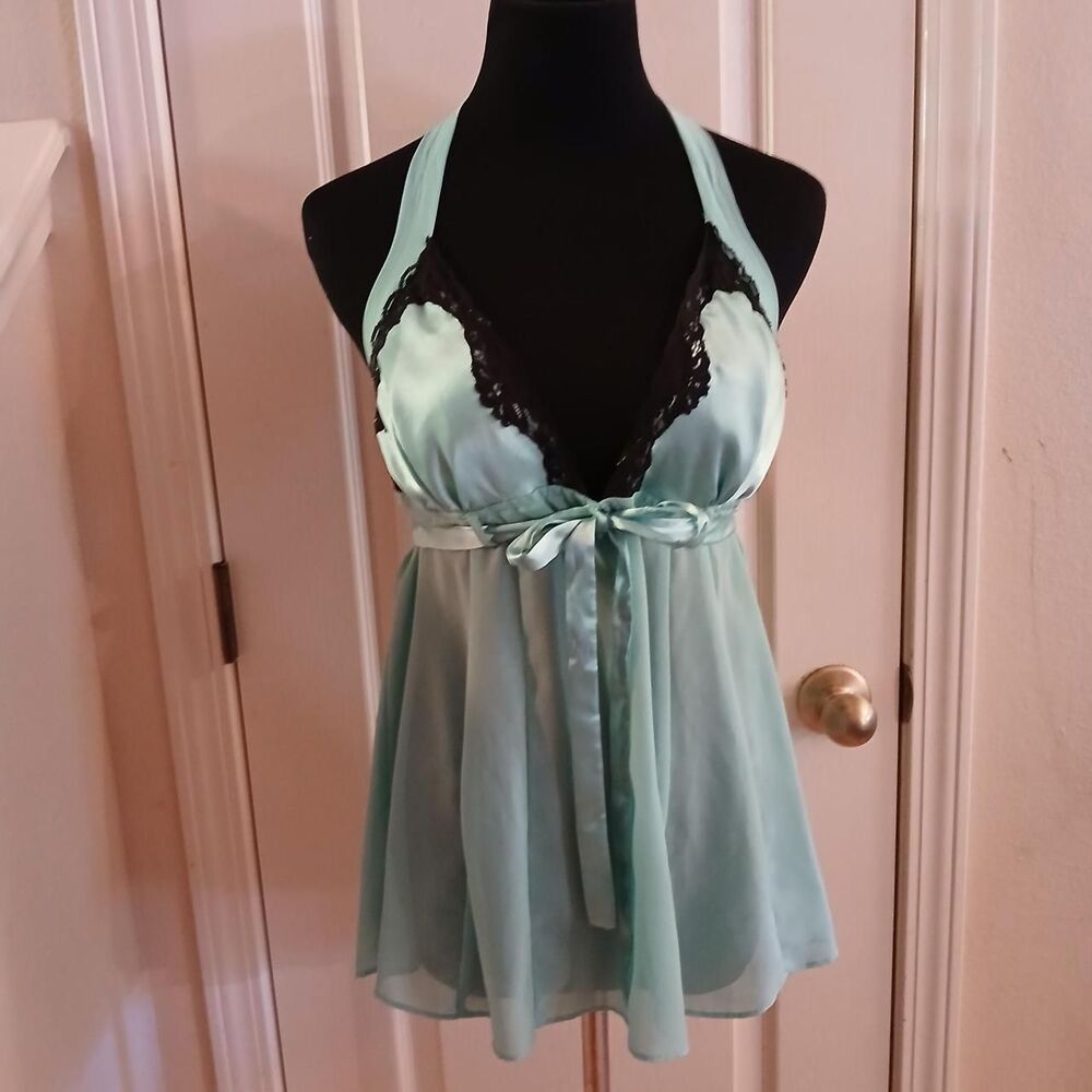 Y2K 90s VTG Frederick’s of Hollywood Mint Green Halter Babydoll Top Black Lace S